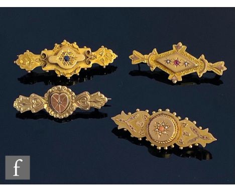 Four 19th Century 9ct stone set bar brooches, to include diamond, seed pearl and garnet set examples, weight 12g, S/D. (4) 