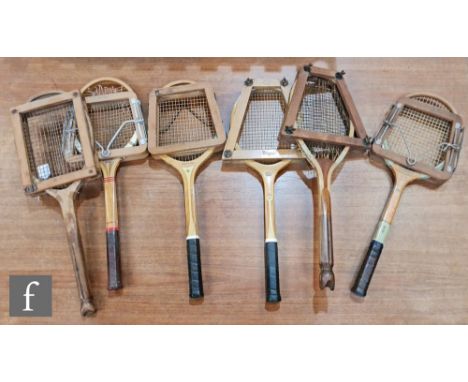 A mid 20th Century or later tennis racket ‘Treble Blue’ by Grays of Cambridge, a Dunlop Emerald Star, a Maxply Dunlop and a t