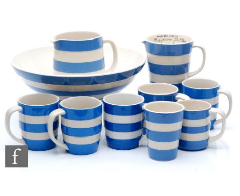 A collection of later 20th Century T.G Green Cornish Ware blue and white banded wares comprising a shallow mixing bowl, a mea