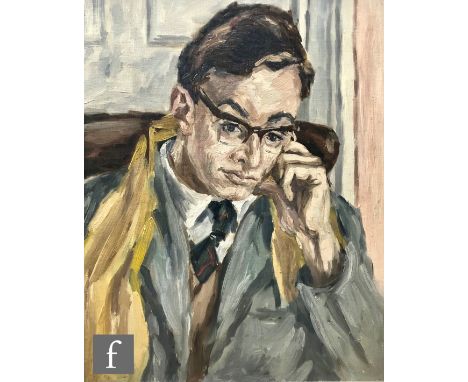 CIRCLE OF PHILIP NAVIASKY (1894-1983) - Portrait of a young man wearing spectacles, oil on board, framed, 49cm x 39cm, frame 