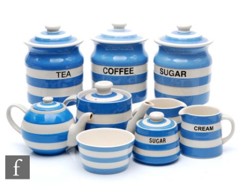 A collection of later 20th Century T.G Green Cornish Ware blue and white banded wares comprising three named kitchen storage 
