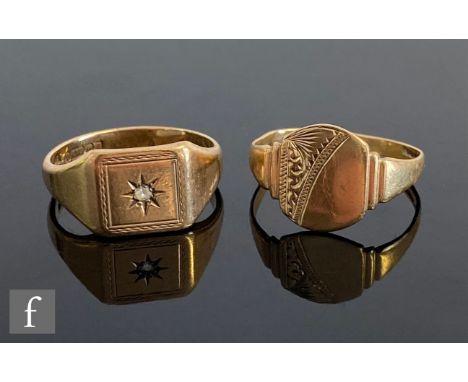 Two 9ct signet rings, one stone set, total weight 6.2g, ring sizes S. (2) 