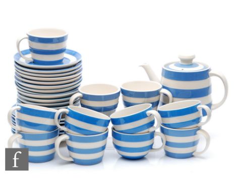 A collection of later 20th Century T.G Green Cornish Ware blue and white banded teawares comprising a teapot, six coffee cups
