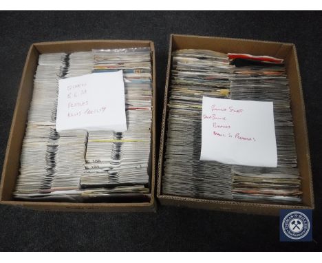 Two boxes of singles to include Rolling Stones, David Bowie, Queen, Elvis Presley etc
