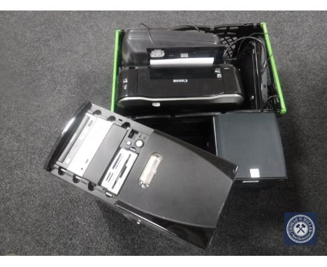 A crate containing Canon printer, Sky box, PC tower, Kenwood speaker system etc