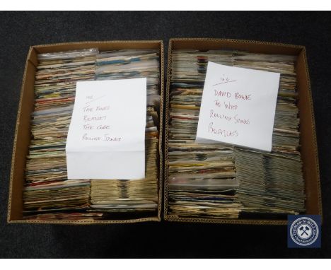 Two boxes of singles to include Rolling Stones, The Who, The Beatles, The Cure, The Kinks etc