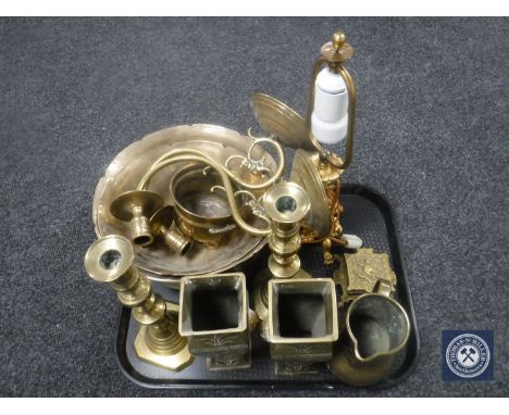 A tray of brass light fitting, pair of Chinese brass vases etc
