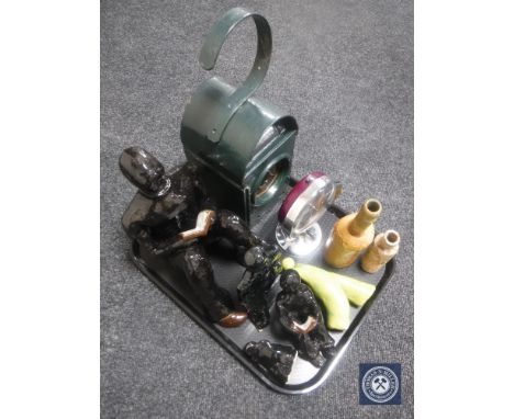 A railway lantern together with a contemporary clock, pottery figures etc