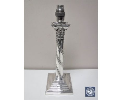 A late nineteenth century silver plated Corinthian column table lamp base