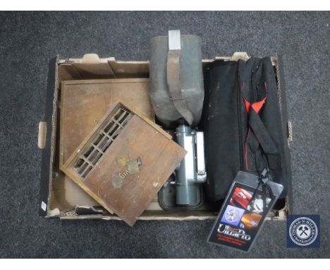 A box of engravers numbers and tools, letters, Hilga and Watts surveyors scope, car protection kit.