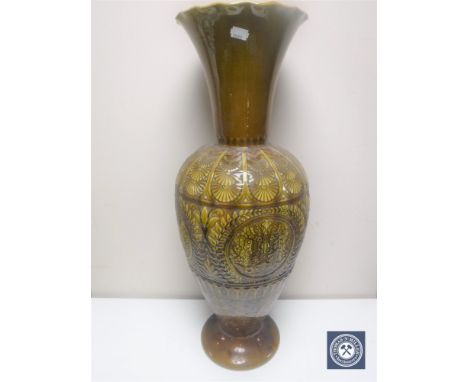 An early twentieth century Linthorpe pottery vase with flared rim, height 65 cm. (A/F) CONDITION REPORT: Rim and neck with la