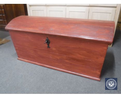 An antique pine domed topped shipping trunk  CONDITION REPORT: 123cm long by 60cm deep by 60cm high. 