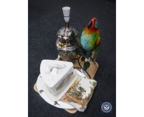 A tray of large butter dish, metal bird, ornate table lamp, Doulton dish etc 