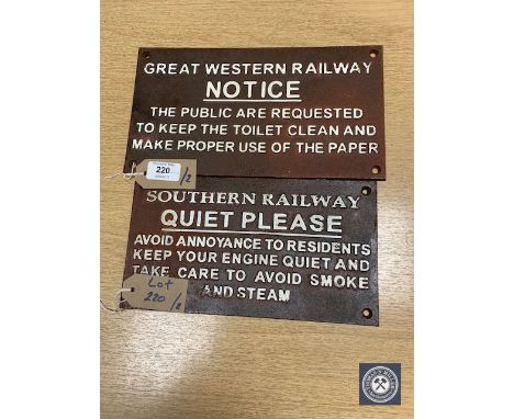 Two metal railway signs : "GREAT WESTERN RAILWAY NOTICE - THE PUBLIC ARE REQUESTED TO KEEP THE TOILET CLEAN AND MAKE PROPER U