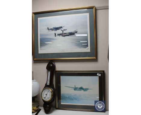 An Edwardian oak barometer together with signed colour prints 'Memorial flight Lancaster, Hurricane and Spitfire', print of H