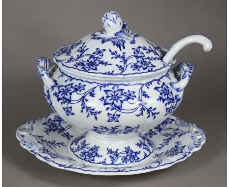 A 19th century Minton’s china “Anemone pattern soup tureen, cover &amp; stand with blue transfer-printed decoration, foliate 