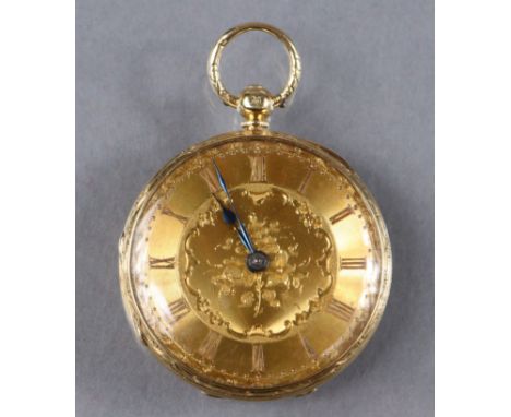 An early Victorian 18ct gold pocket watch with roman numerals to the engine-turned &amp; floral engraved gold dial, the verge