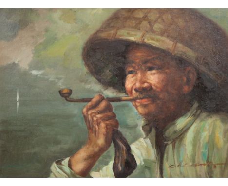 CHEUNG (Chinese School, 20th century) Portrait of a man smoking a pipe, signed lower right, oil on canvas: 45.5cm x 61cm, fra