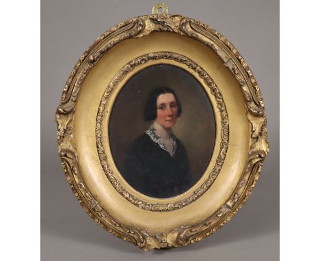 ENGLISH SCHOOL, 19th century.  Portrait of a lady, oil on panel, inscribed to partial label verso, “Jane Sym……”, 20cm x 16cm 