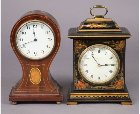 Two Edwardian mantel clocks, one in chinoiserie lacquer case with later quartz movement, 15cm wide x 21cm high x 9cm deep; th