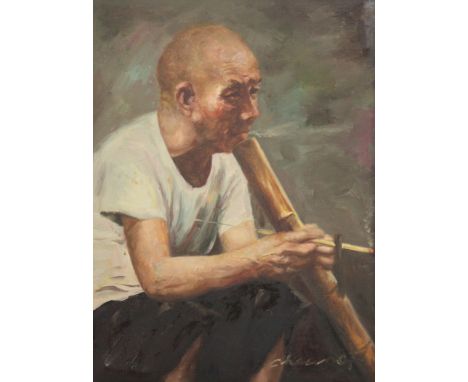 CHEUNG (Chinese School, 20th century) Portrait of a man smoking a bamboo pipe, signed lower right, oil on canvas: 61cm x 45.5
