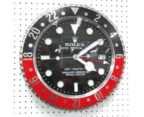 ROLEX GMT STYLE WALL CLOCK, circular and battery operated, 34cm diam.