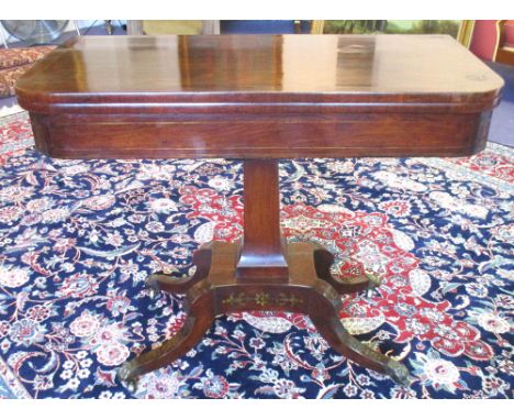 CARD TABLE, Regency rosewood and brass inlaid with foldover baize lined playing surface, 75cm H x 91cm W x 45cm D.