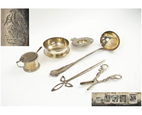 SMALL SILVERWARES, including ladle, tea strainer, grape scissors, Irish letter opener, etc... (7)
