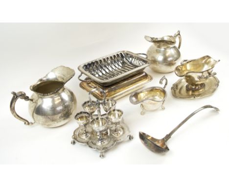 TABLE AND SERVING WARES, silver plate, including water jugs, egg cup stand, entree dish, ladle, etc. (QTY)