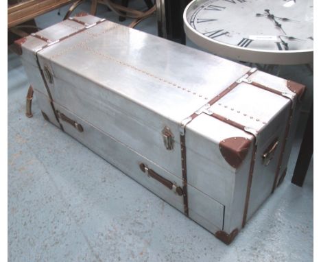 TRUNK, Aviation style, in aluminium cladding with drawer below, 121cm x 40cm x 46cm H.