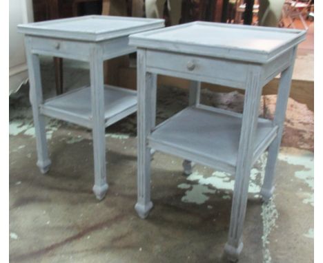 BEDSIDE TABLES, a pair, in a distressed grey painted finish with a short drawer over a shelf, 37.5cm square x 58cm H. (2) (wi