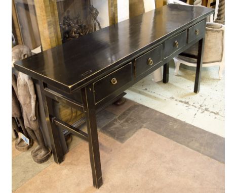 CONSOLE TABLE, in the Chinese taste with a black lacquered finish, 191cm L x 50cm W x 90cm H. (slight faults)