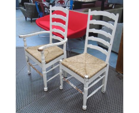 LADDER BACK DINING CHAIRS, eight, white painted distressed finish, wooden frame with woven rush seats, two armchairs 107cm x 