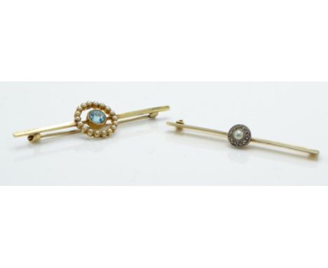 Two early 20th century bar brooches. To include an 18ct gold, platinum, diamond and pearl brooch on knife bar with clip c cla