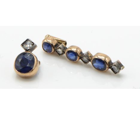 A VIctorian 19th century gold 14ct sapphire and diamond finding. Lozenge shaped with mixed cut sapphires and diamonds. Total 