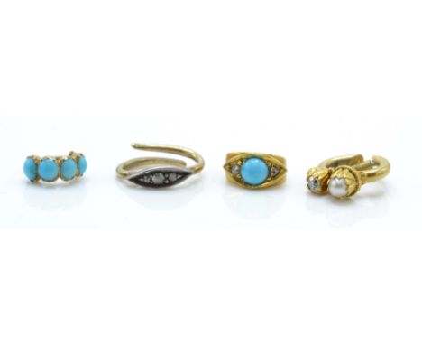 A collection of 4 gold and gem set bales - findings. To include pearl set, turquoise and diamond 14ct and an 18ct gold caboch