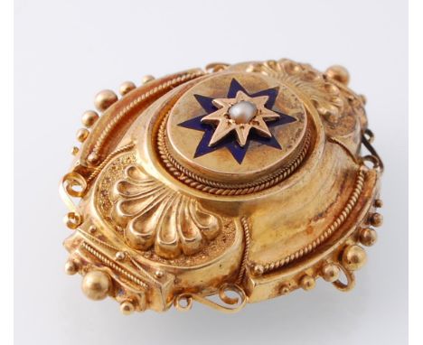 A Victorian gold enamel and pearl pendant locket brooch pin. The brooch being set with a half pearl surrounded by an enamelle