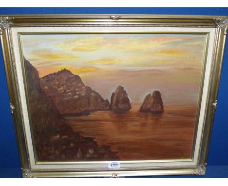 A framed oil on board of a rocky coastal scene at sunset, signed lower right M. Popow, 23 1/2'' x 18 1/4''.