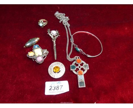 A small quantity of Celtic/Scottish style jewellery including 925 bangle, silver crucifix inlaid with stones, brooches, etc.