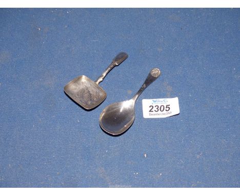 Two Silver caddy spoons, one unmarked, 22.04g