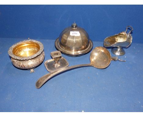 A pretty silver plated sugar scuttle, and other plated items including muffin dish and ladle.