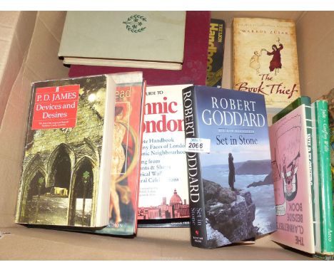 A box of books to include Jade by Geoffrey Wills, Robert Goddard Set in Stone, The Book Thief by Markus Zusak, etc.