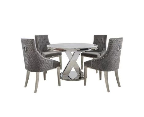 Dolce Round Dining Table and 4 Button Back Dining Chairs in grey by Mark Webster. Table boxed along with two of the chairs.