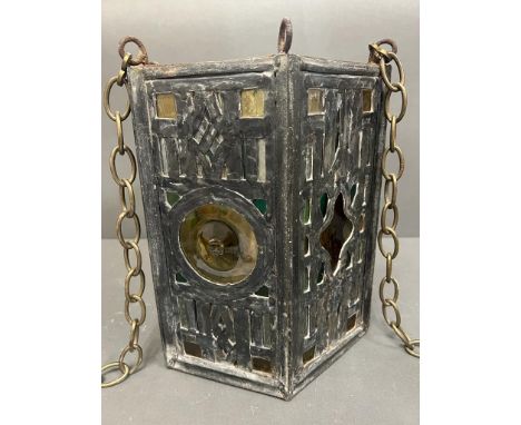 A lead and stained glass hall lantern (H28cm W25cm)