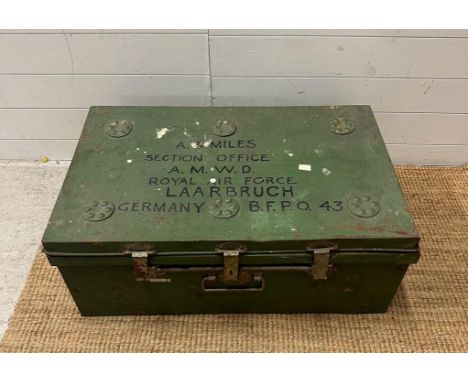 A vintage Pritchard green Royal Airforce trunk. Height 31 and 82 x 50