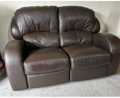 A brown leather two seater recliner sofa (H103cm D57cm W156cm)