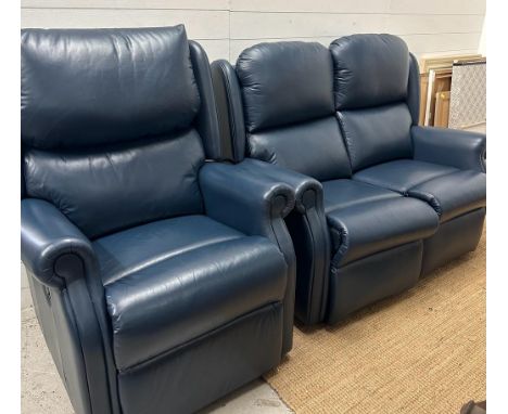 A blue leather two seater sofa with matching reclining arm chair (Sofa H115cm D90cm W140cm)