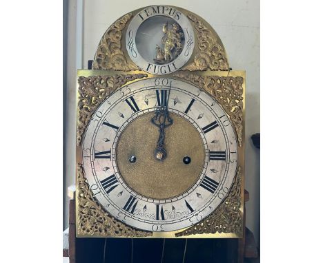 An English black lacquered longcase clock the blacked japanned case with chinoiserie decoration. 8 day movement with automato