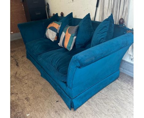 A peacock blue upholstered drop end sofa (W216cm D100cm H78cm)