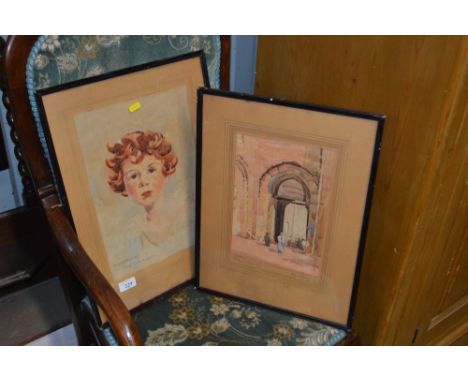 Edward Wesson after Edmund Brock, watercolour study portrait of a child; and another depicting "Gateway In Cairo 1941"